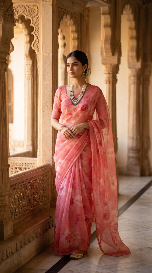 A portrait of a woman standing between ornate stone pillars in a palace corridor wearing a pearl necklace, showcasing the dreamily draped pastel roses of her peach pure chiffon saree