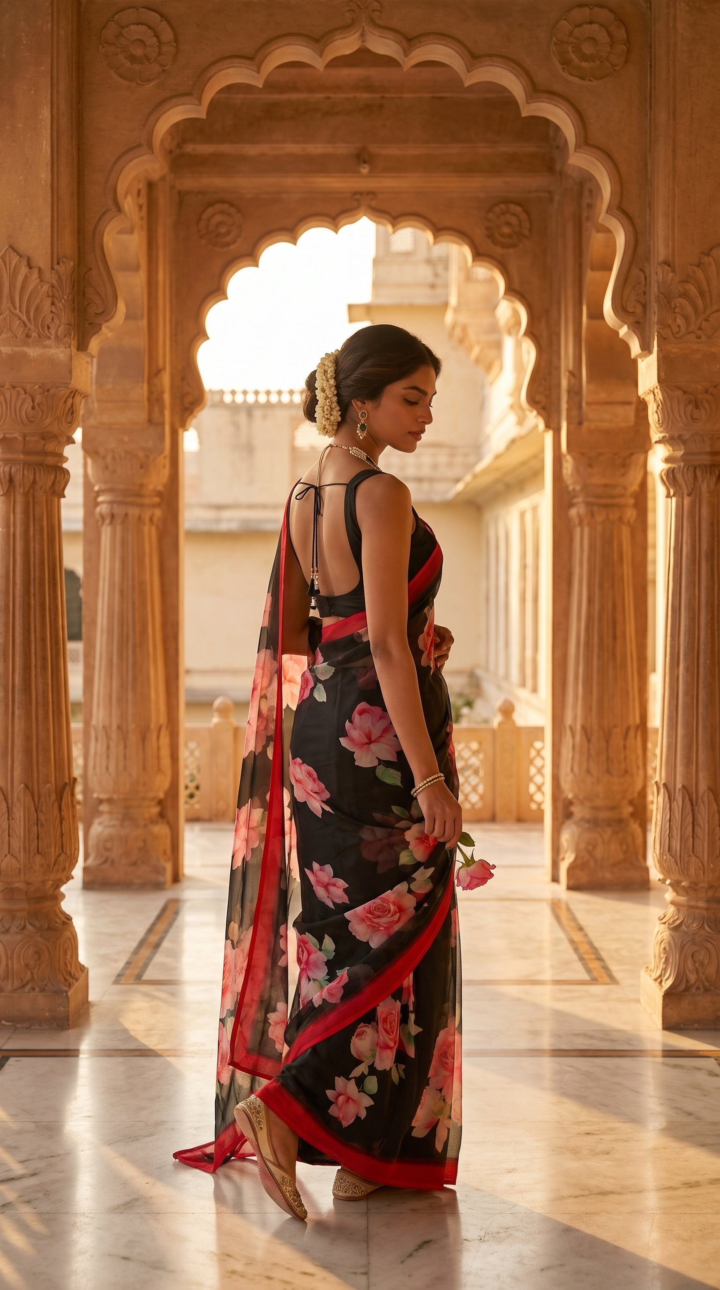 Crimson Noir – Pure Chiffon Floral Saree in Black
