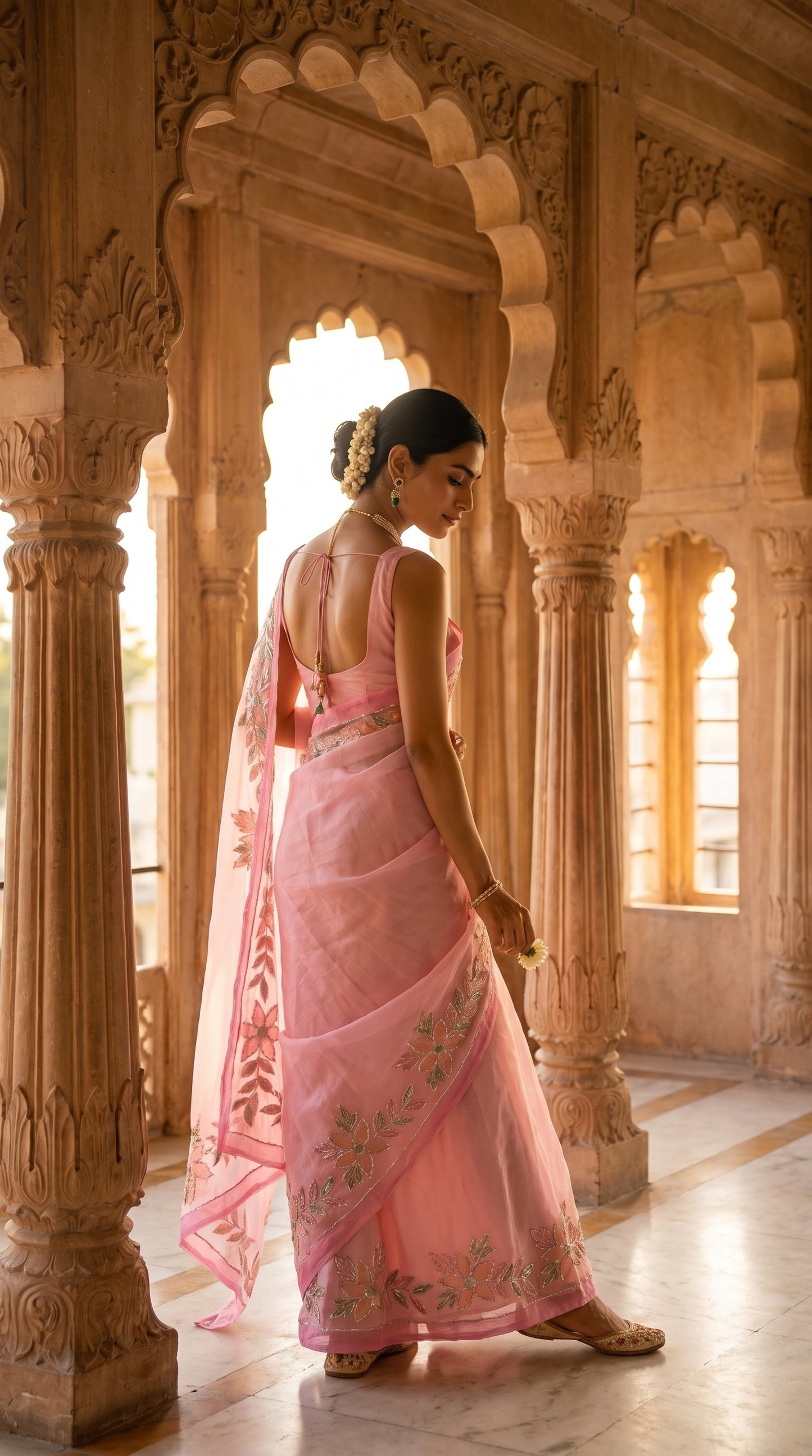 A three-quarter back view of a woman with her hair styled in a neat bun, standing along a sunlit palace corridor to highlight the low-back blouse pattern and cascading floral pallu of her pink saree