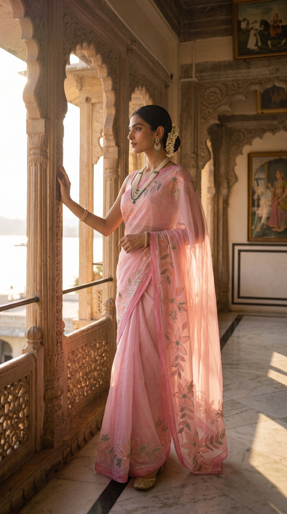 A profile portrait of a woman standing by a carved marble palace balcony overlooking a lake, showcasing the translucent drape and hand-painted borders of her pastel pink pure chiffon saree