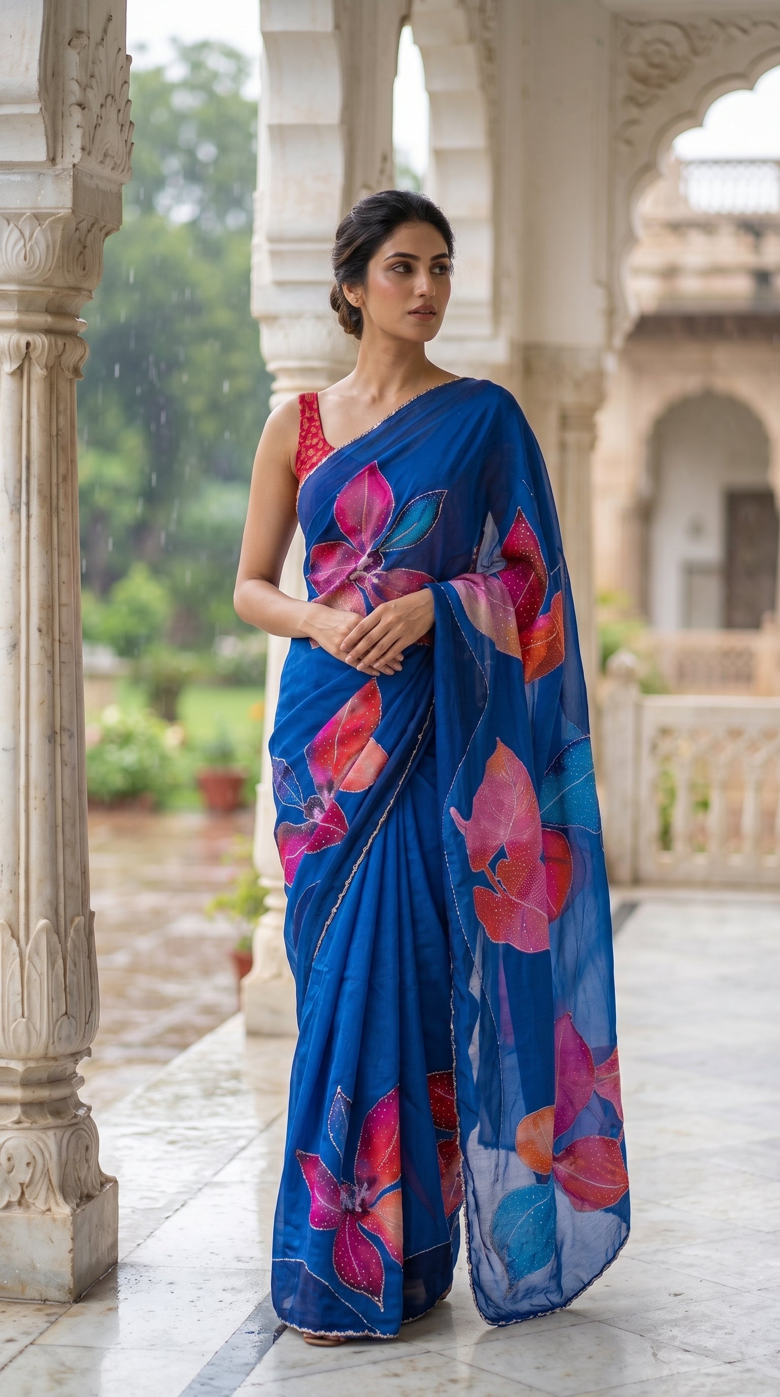 Full-length image of a woman standing inside a rain-washed white marble palace corridor, showcasing the fluid drape, scalloped border, and rich luster of her blue chinon saree