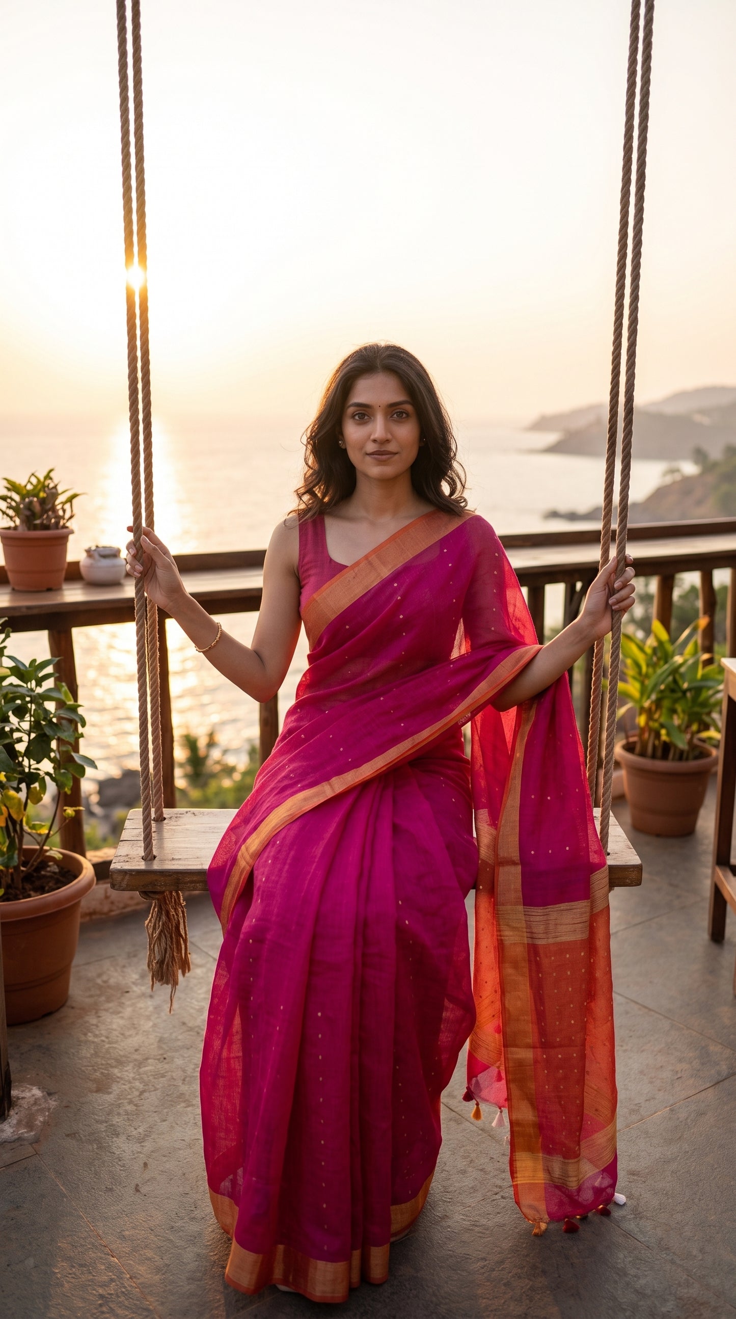 Model sitting on a wooden porch swing at a cliffside deck at sunset, highlighting the sheer, airy drape of her contrast orange organza pallu