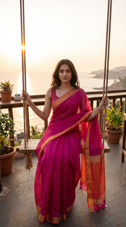 Model sitting on a wooden porch swing at a cliffside deck at sunset, highlighting the sheer, airy drape of her contrast orange organza pallu