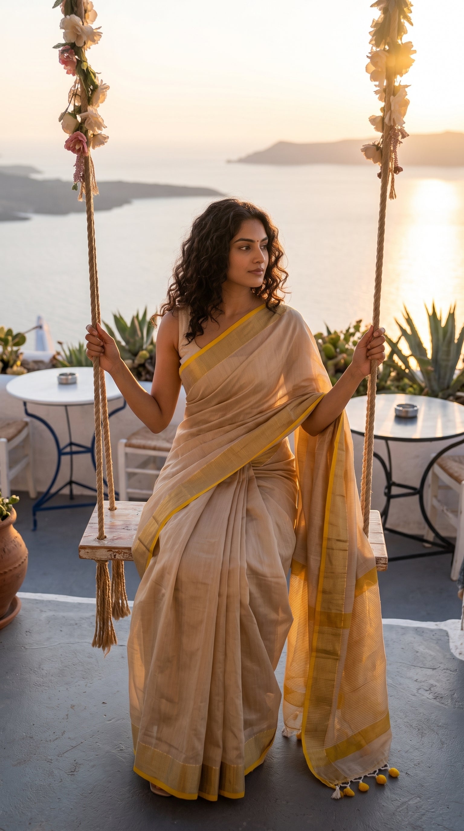 Model sitting on a floral-decorated swing at a cliffside deck at sunset, beautifully displaying the fluid fall and yellow border trims of a beige linen blend saree