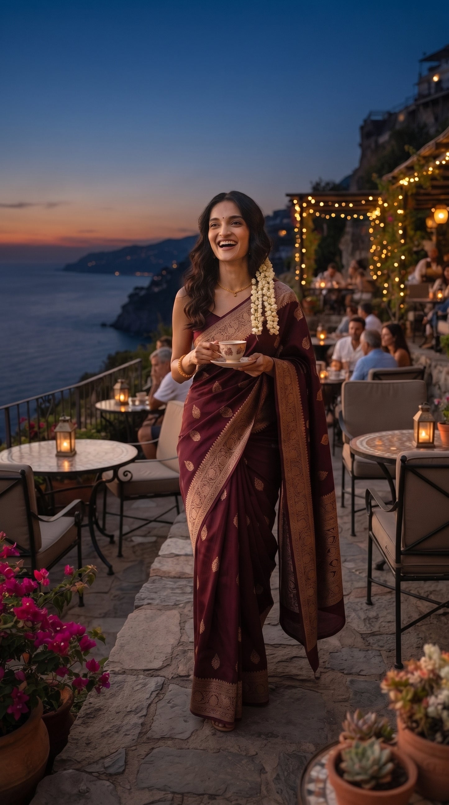 A candid front portrait of a joyfully laughing woman holding a teacup while walking through an illuminated cliffside café at sunset, highlighting the regal drape and gold zari trim of her maroon pure Mashru silk saree