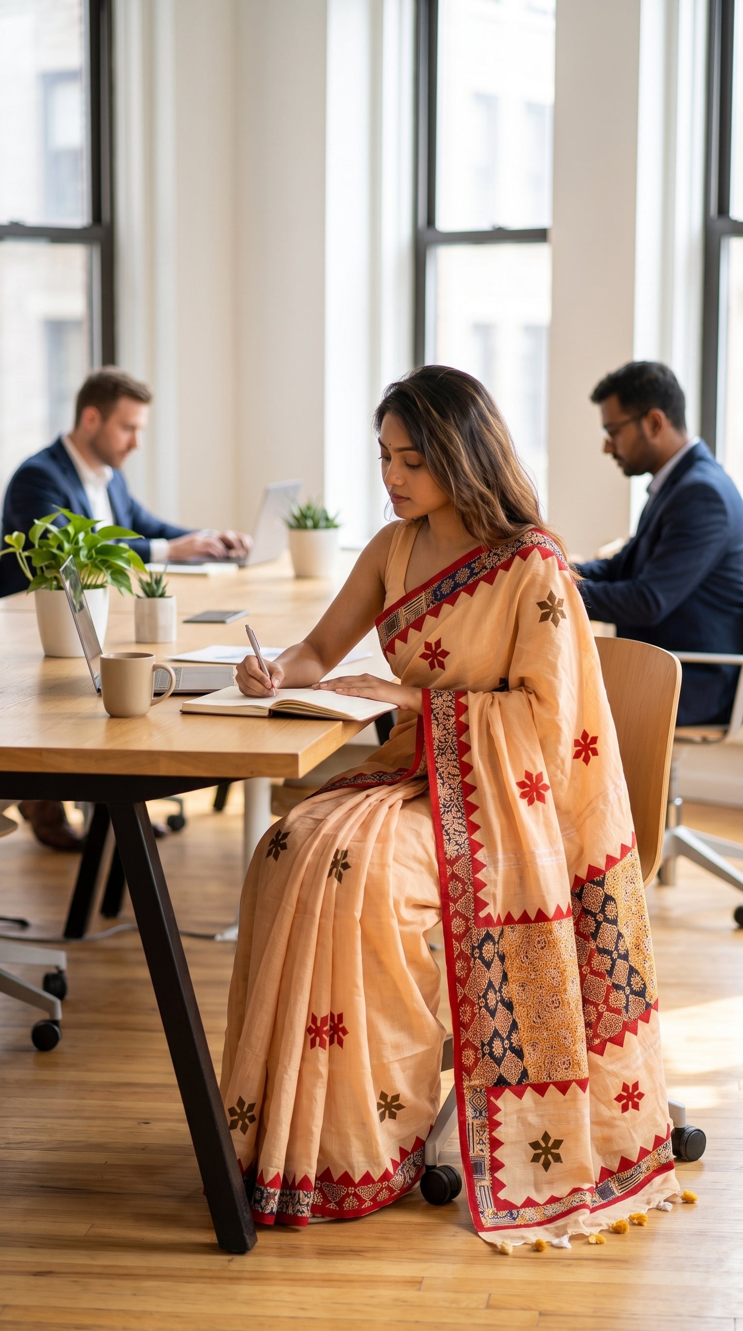 A woman seated at a long wooden desk in a modern corporate co-working office, writing in a notebook while displaying the structured fall and multi-patterned applique border of her beige saree