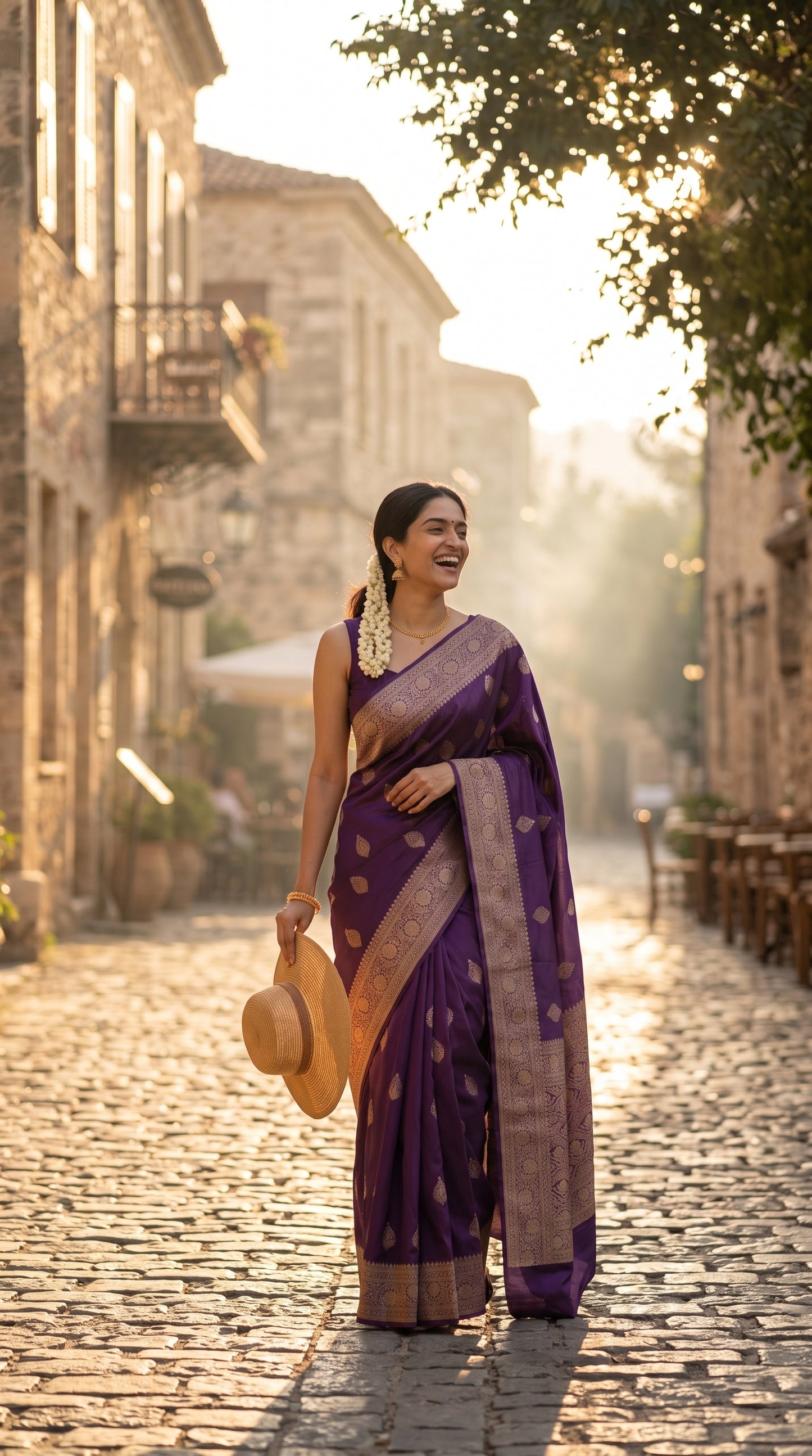 A full-length front portrait of a woman walking in a Cobblestone street, displaying the structured royal drape and detailed gold zari border of her purple Mashru silk saree
