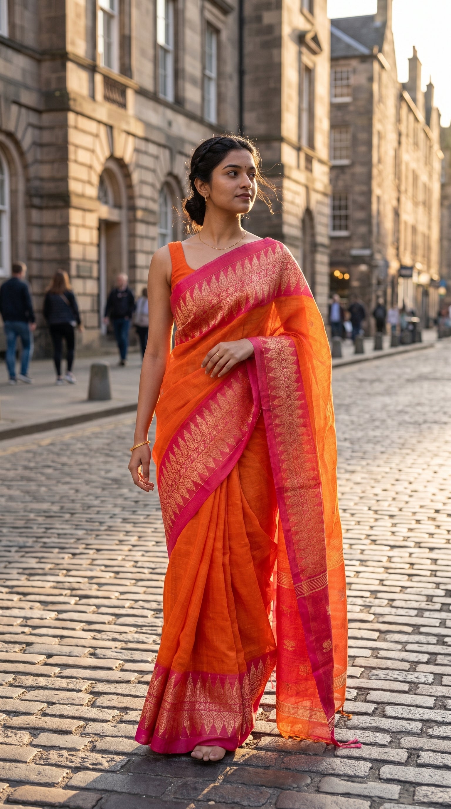 A full-length candid shot of a barefoot woman with a neat hair bun walking down a historic European cobblestone street, showcasing the structured drape and beautiful gold-woven magenta border of her orange linen saree