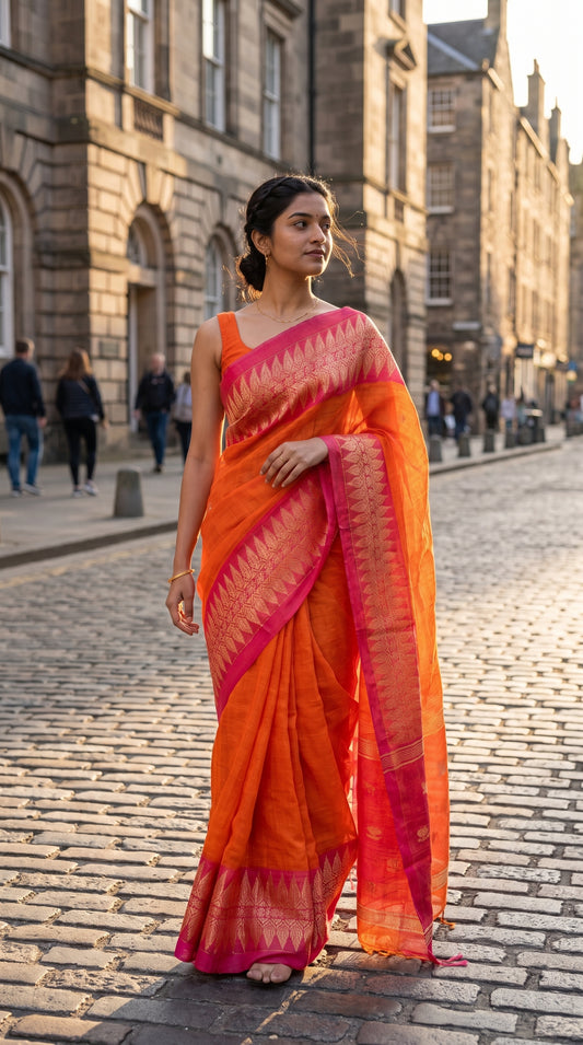 A full-length candid shot of a barefoot woman with a neat hair bun walking down a historic European cobblestone street, showcasing the structured drape and beautiful gold-woven magenta border of her orange linen saree