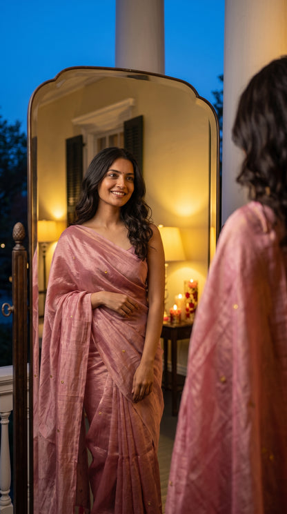 A model looking into a tall standing mirror on a veranda at dusk, displaying the radiant metallic sheen and minimal gold star buttas of a pink tissue saree