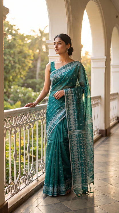 Full-length portrait of a woman standing on an arched colonial veranda in the morning light, displaying the elegant structure and translucent weave of her sea-green cotton tissue saree