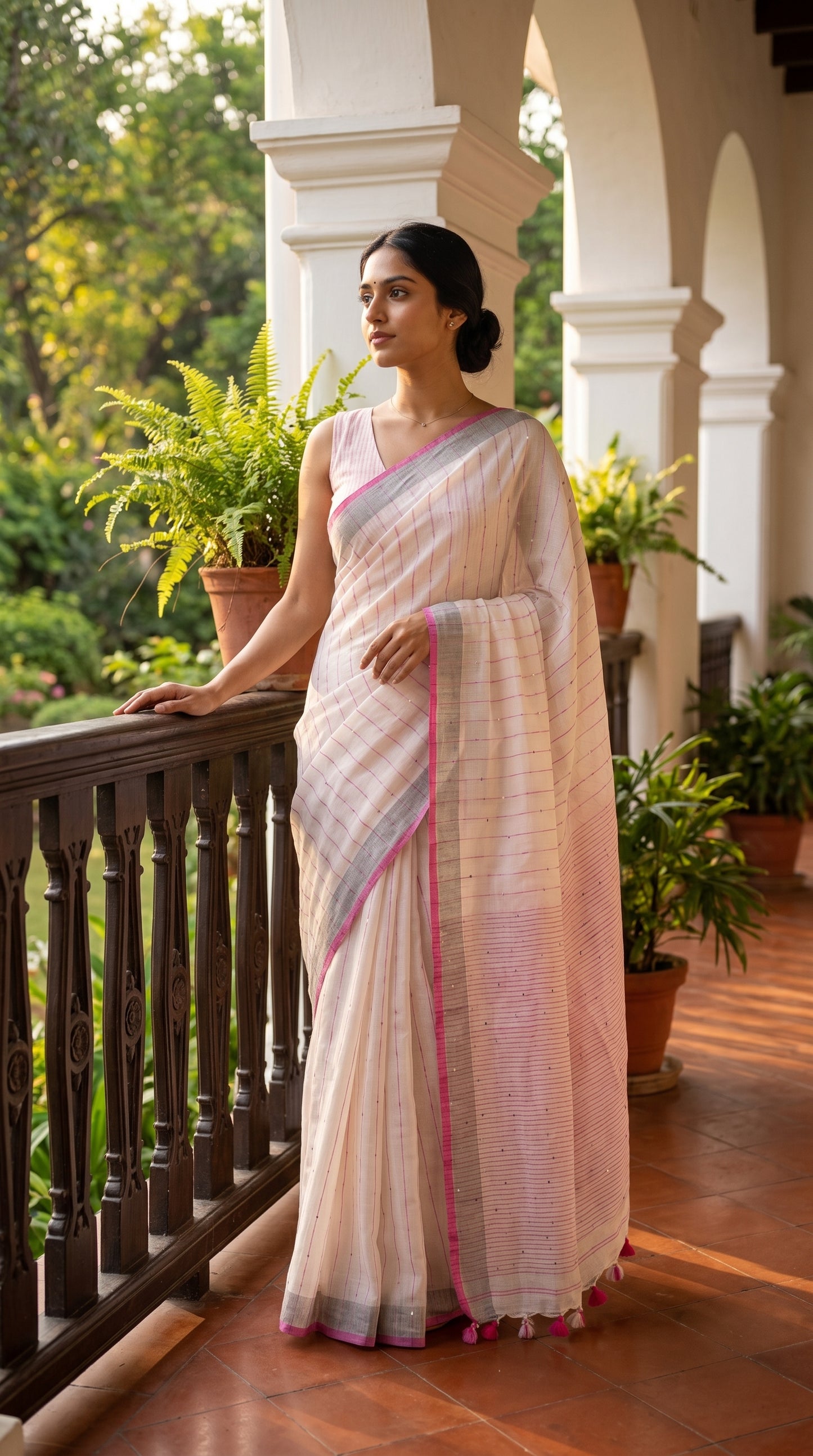 Full-length portrait of a woman standing on an elegant arched colonial veranda, displaying the structured pleats and pink-and-grey dual-tone borders of her off-white saree