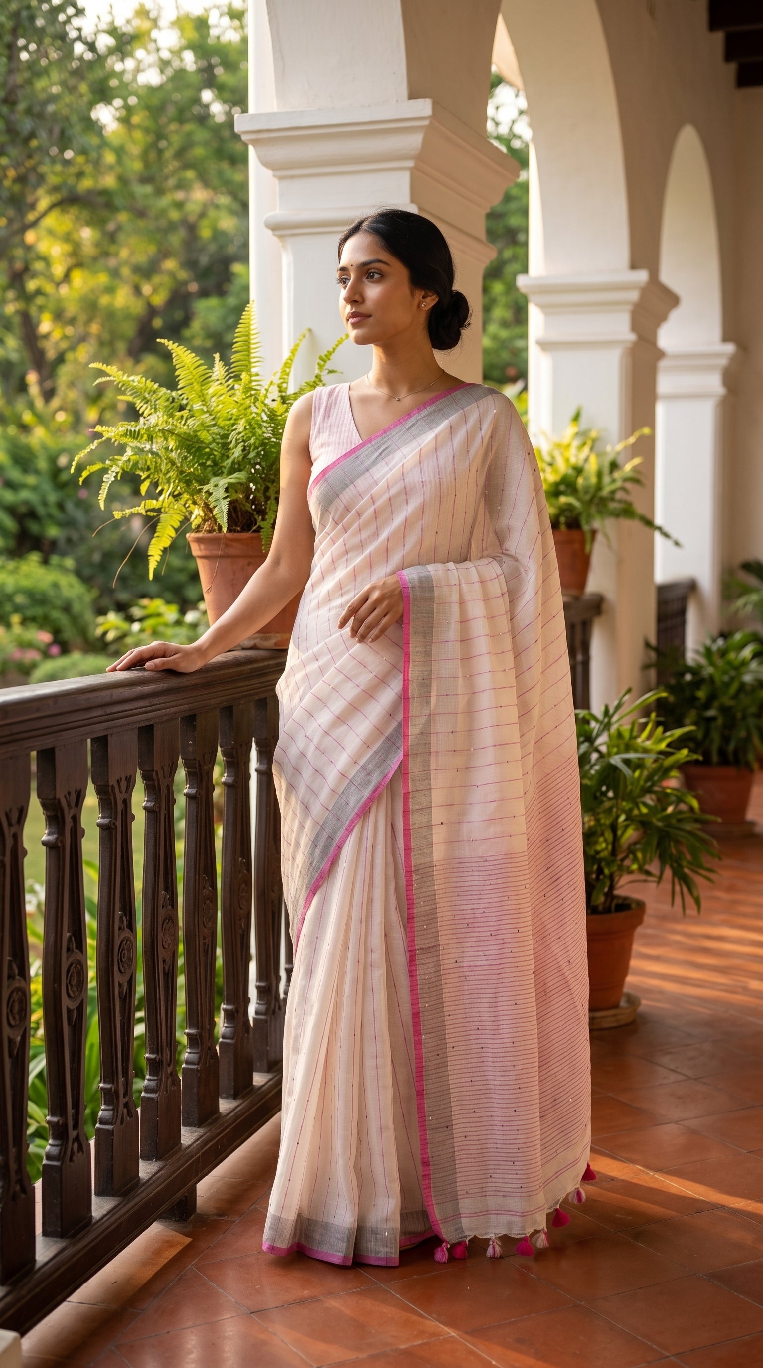 Full-length portrait of a woman standing on an elegant arched colonial veranda, displaying the structured pleats and pink-and-grey dual-tone borders of her off-white saree