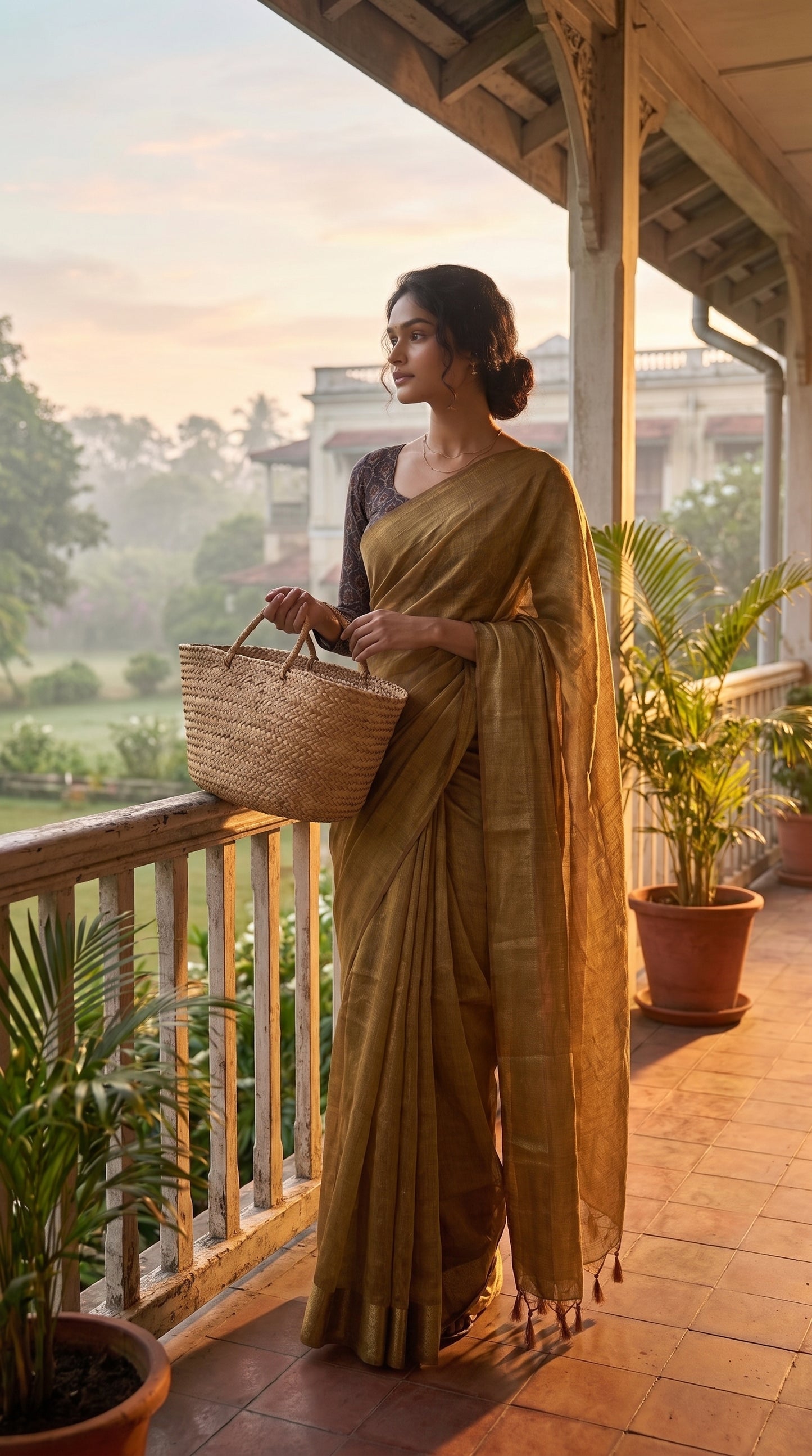 A three-quarter front portrait of a woman holding a woven straw basket while standing on a sunlit colonial-style veranda, showcasing the airy, translucent texture and fine hand-knotted tassels of her antique gold tissue saree