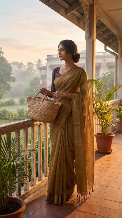 A three-quarter front portrait of a woman holding a woven straw basket while standing on a sunlit colonial-style veranda, showcasing the airy, translucent texture and fine hand-knotted tassels of her antique gold tissue saree