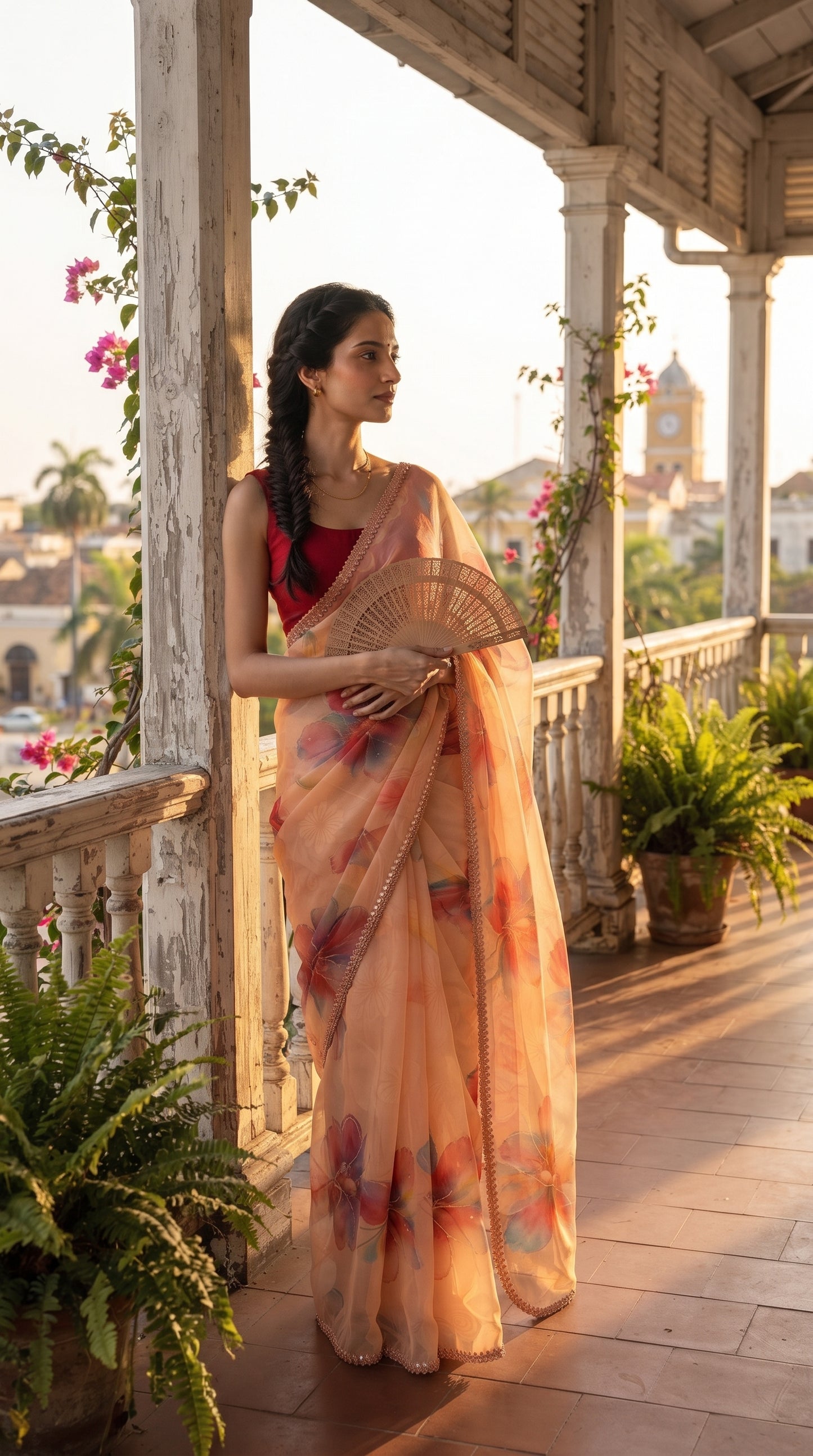 Peach Floral Chiffon Saree with Delicate Lace Border