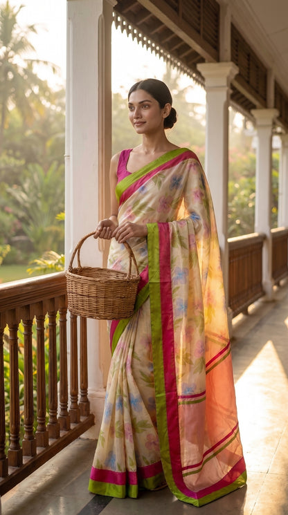 A front view of a woman holding a woven wicker basket on a sunlit colonial veranda, showcasing the airy, breezy movement and soft pastel floral prints of her cream silk saree