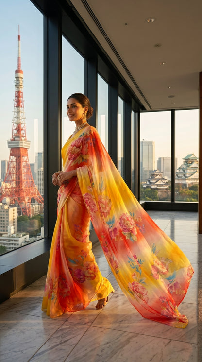 Model wearing a fluid red and yellow sunset floral chiffon saree looking out over a modern city skyscraper view