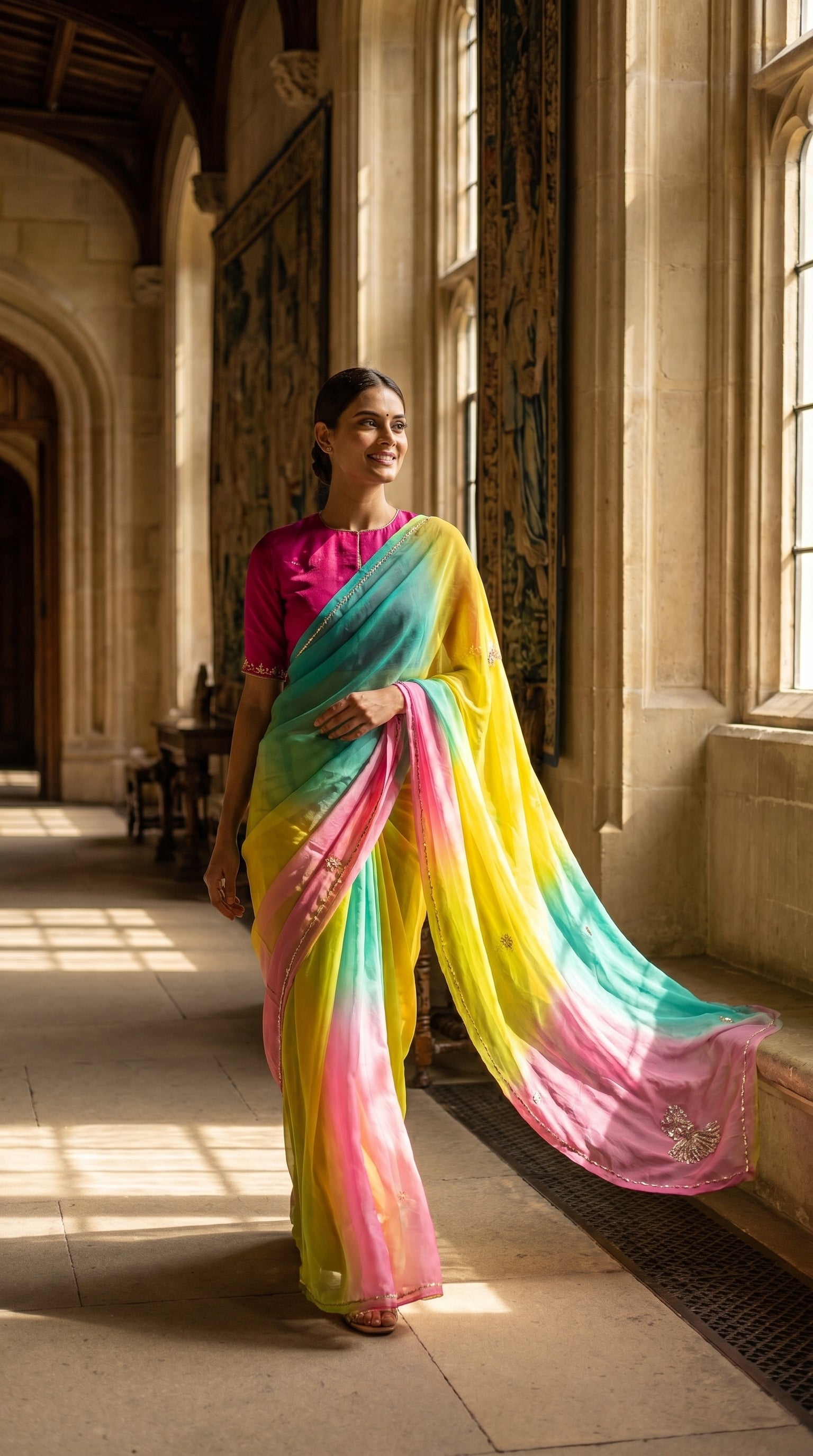 Woman wearing a colorful saree in a sunlit room with high ceilings and large windows.