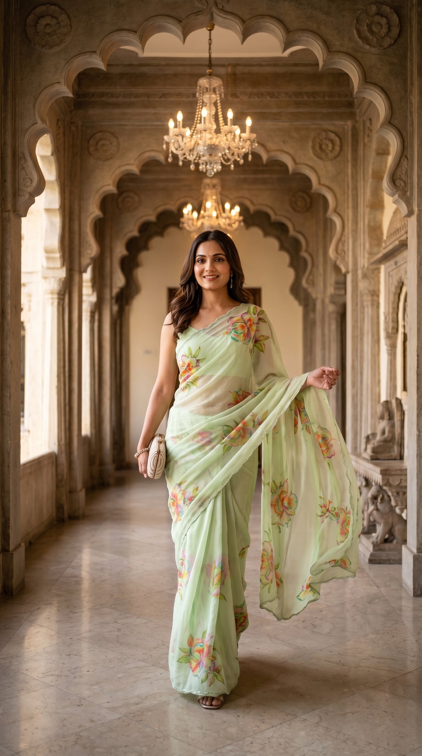 Full-length view of a model walking through a grand heritage archway corridor with chandeliers, highlighting the breezy, cascading movement of a pista green floral chiffon saree