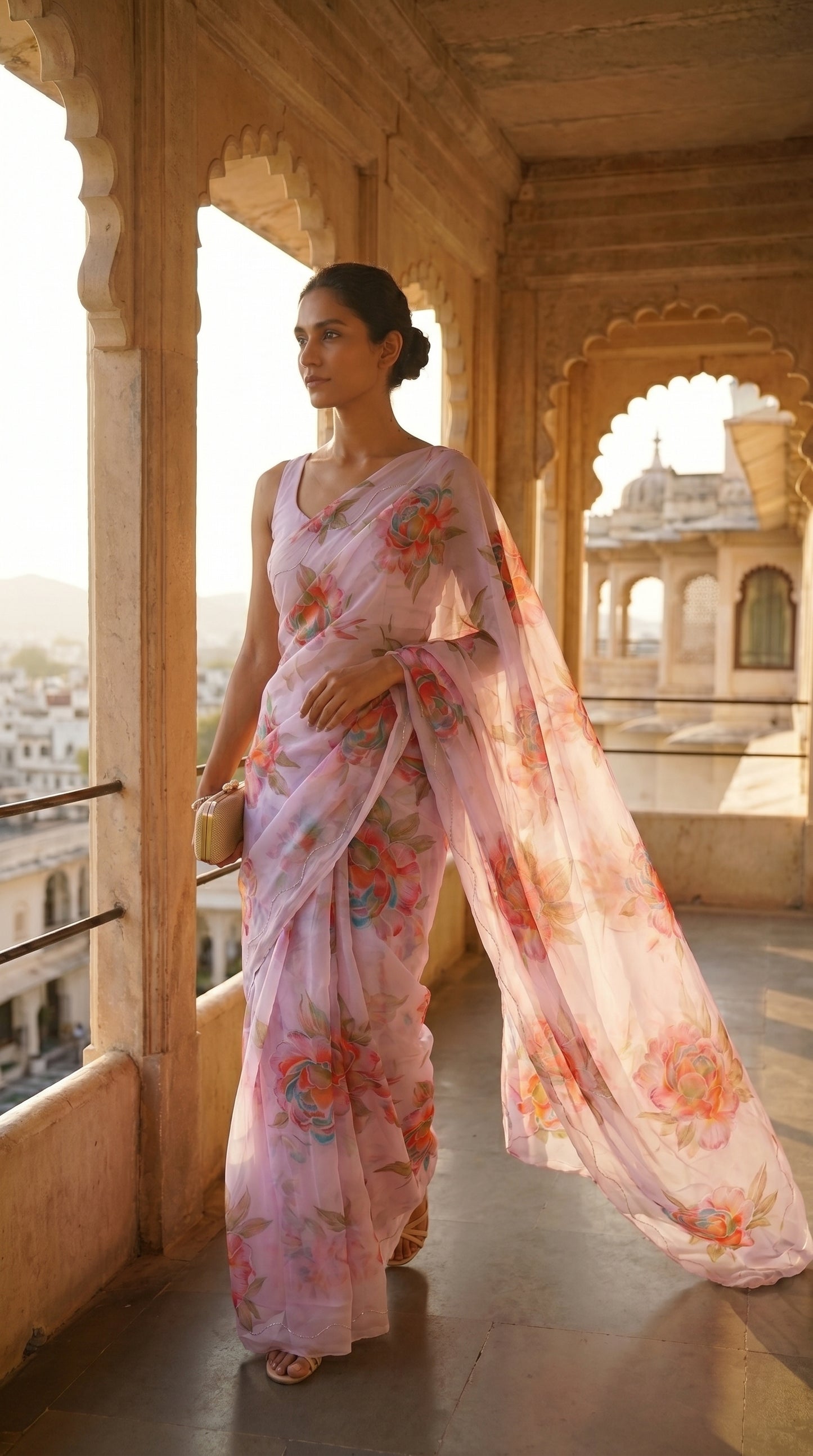 Side profile view of a model walking through a sunlit heritage corridor, highlighting the breezy, cascading movement of a light lavender floral chiffon saree"