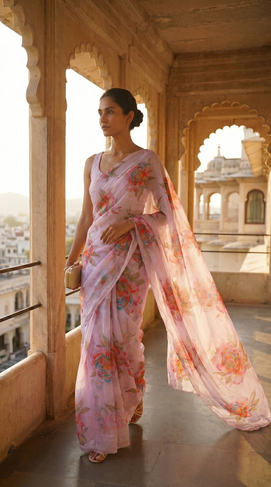 Side profile view of a model walking through a sunlit heritage corridor, highlighting the breezy, cascading movement of a light lavender floral chiffon saree"