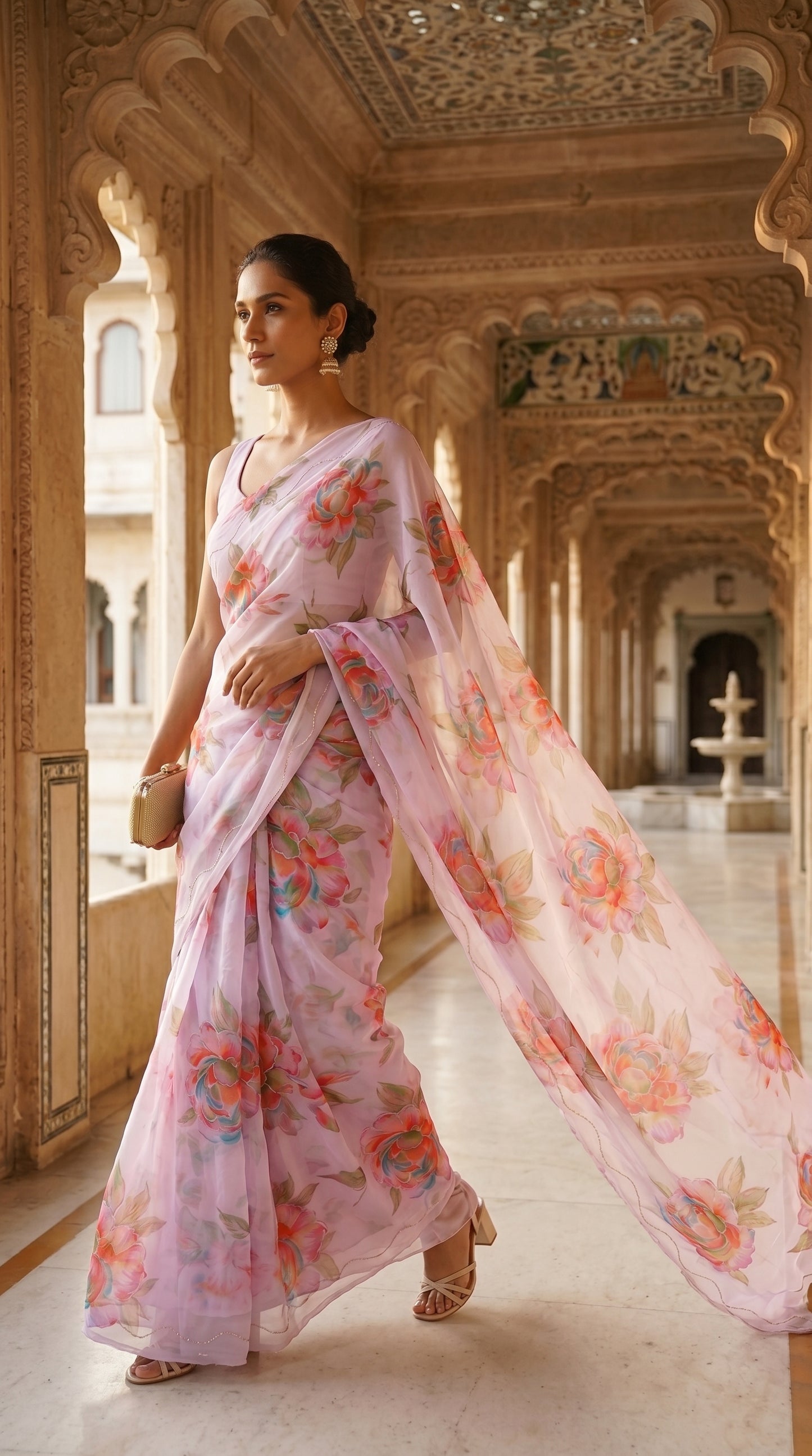 A woman walking through a grand palace hallway with ornate arches, displaying the flowing translucent drape of a light lavender floral printed chiffon saree