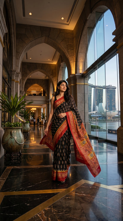 Full-length view of a model walking through a luxury modern corridor with cityscape views, showcasing the fluid cascading movement and high contrast borders of a black and red Ikat silk saree