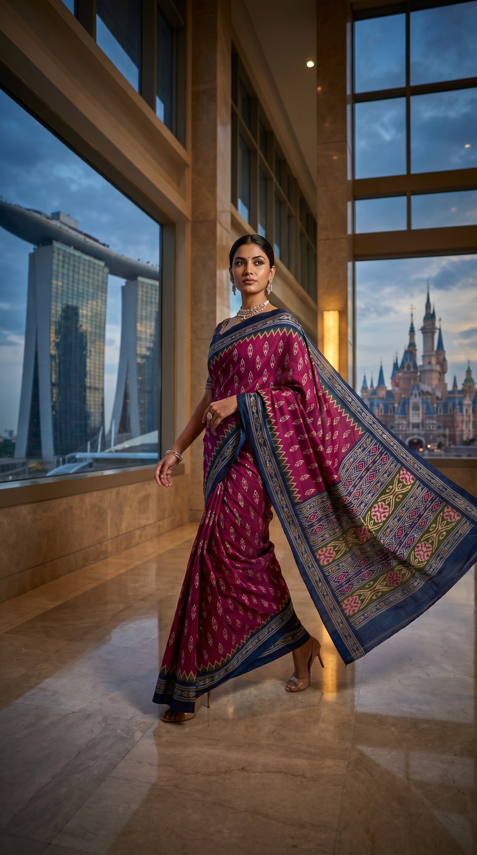 Full-length view of a model walking through a luxury modern corridor with cityscape views, showcasing the fluid cascading movement of a magenta and blue Ikat silk saree