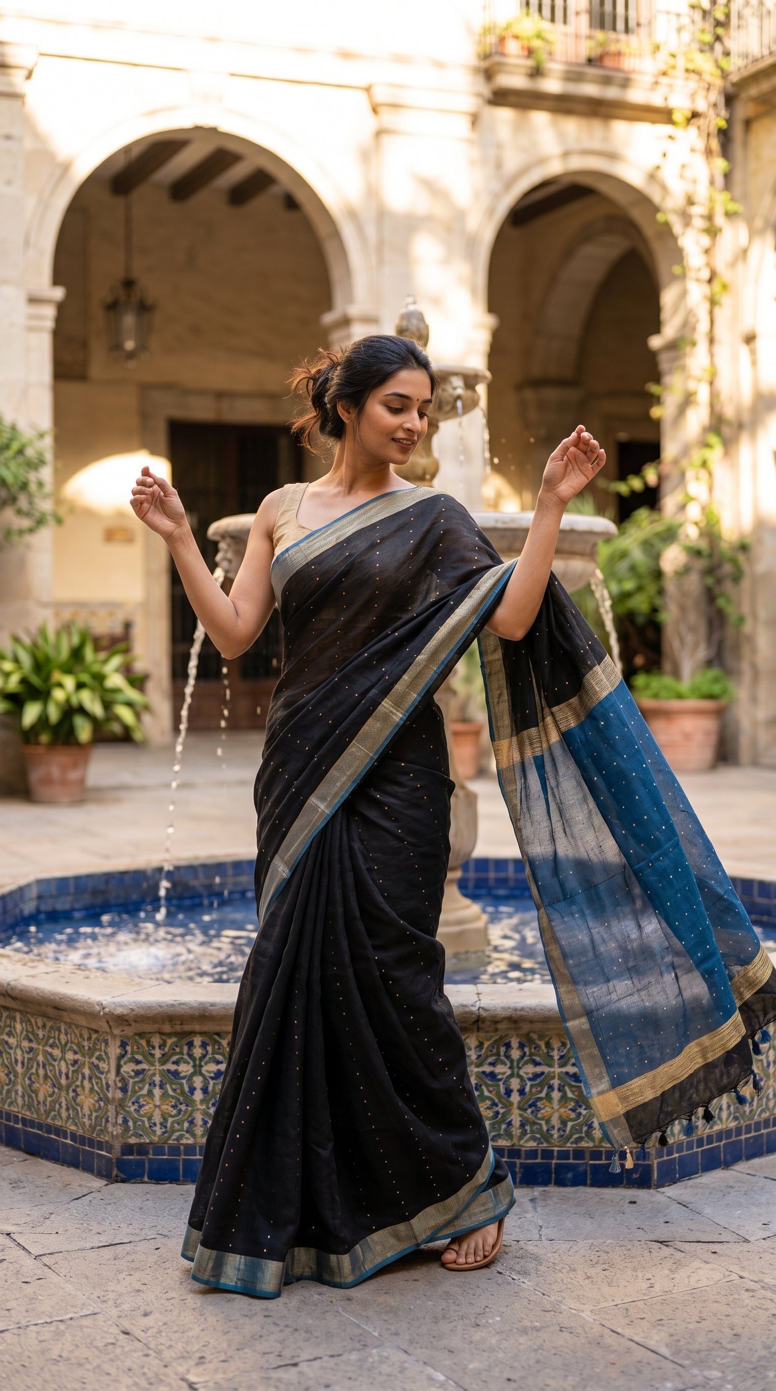 A model posing playfully next to a tiled courtyard fountain, highlighting the lightweight flow and translucent texture of her contrast royal blue organza pallu