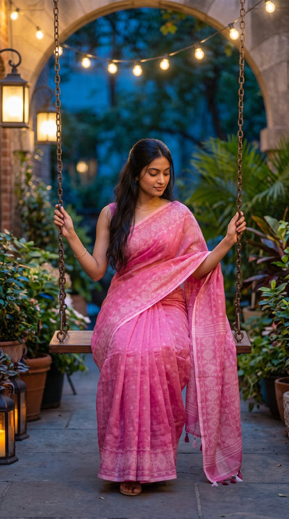 A woman sitting on a wooden courtyard swing at dusk under hanging fairy lights, showcasing the pristine cream-colored geometric borders of a bright pink Jamdani saree