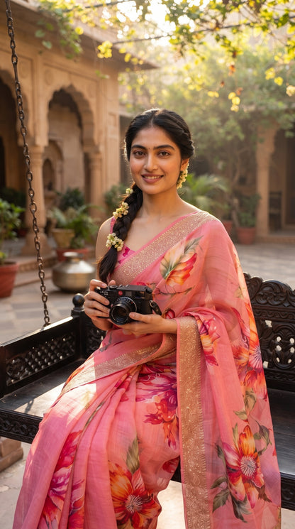 A smiling woman with a long braid sitting on a dark wooden courtyard swing holding a vintage camera, showcasing the elegant gold zari border and bright floral design across her pink premium saree