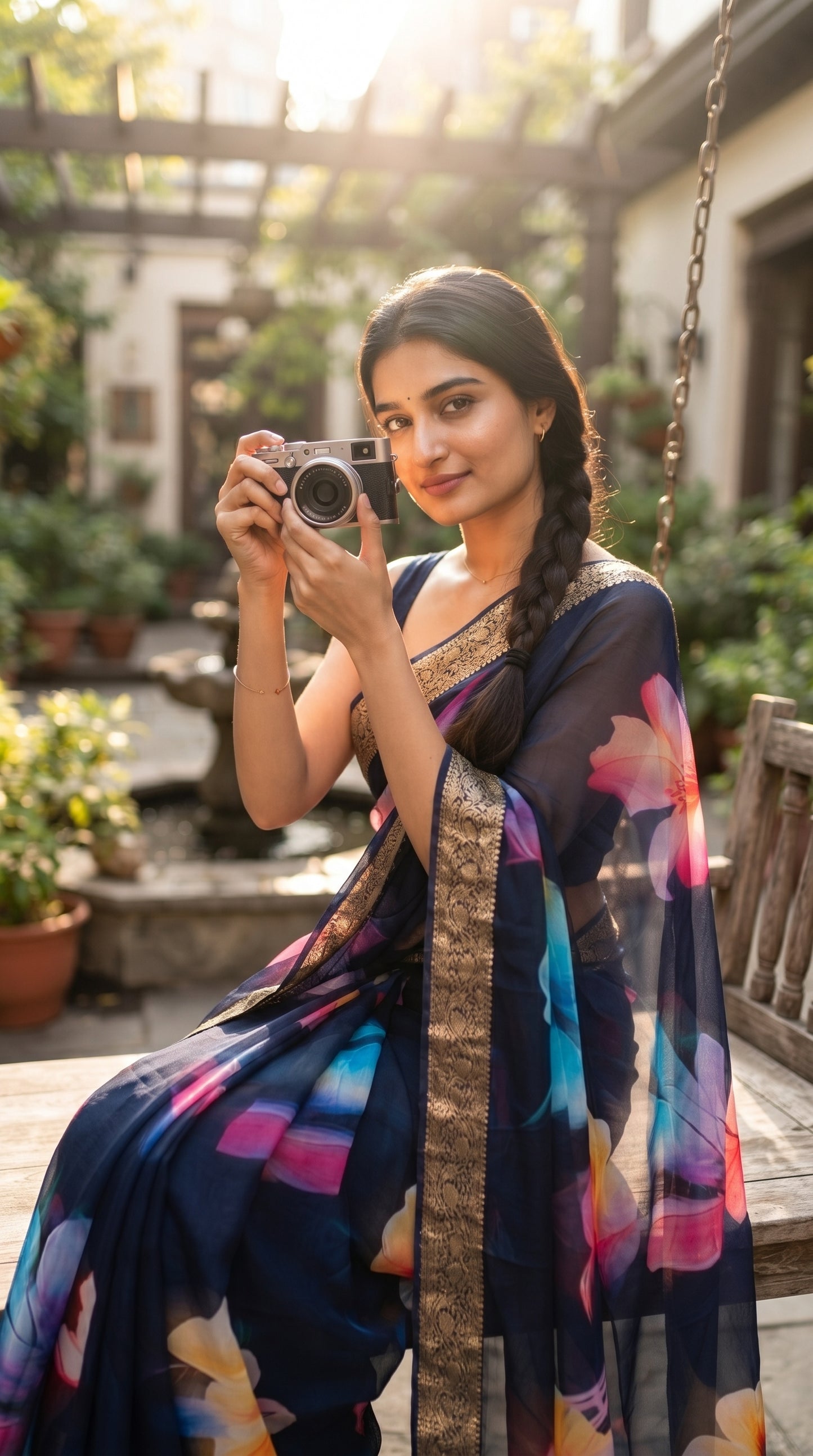 A smiling woman with a long side-braid sitting on a wooden courtyard swing, holding an antique camera while showcasing the striking pallu and woven gold border of her navy blue digital printed saree