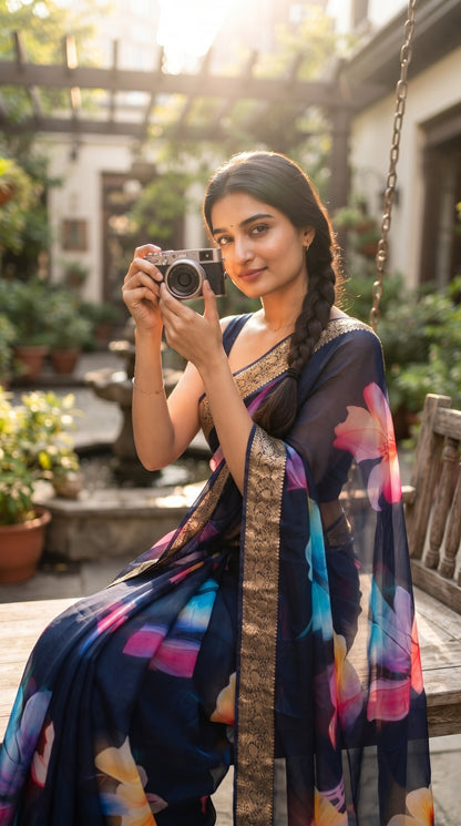 A smiling woman with a long side-braid sitting on a wooden courtyard swing, holding an antique camera while showcasing the striking pallu and woven gold border of her navy blue digital printed saree