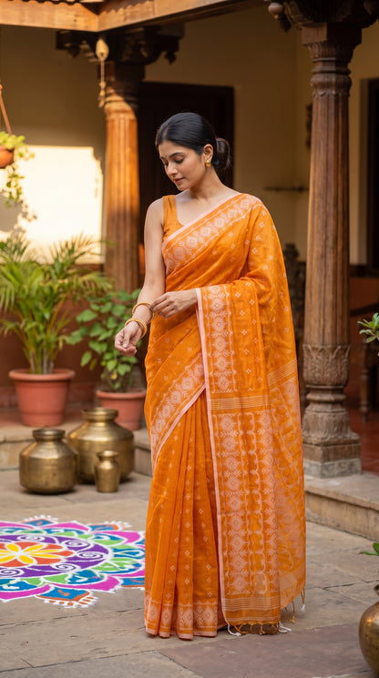 Full-length image of a woman standing in a traditional wooden courtyard beside a colorful rangoli, displaying the radiant front profile and cream Jamdani border of an orange tissue saree