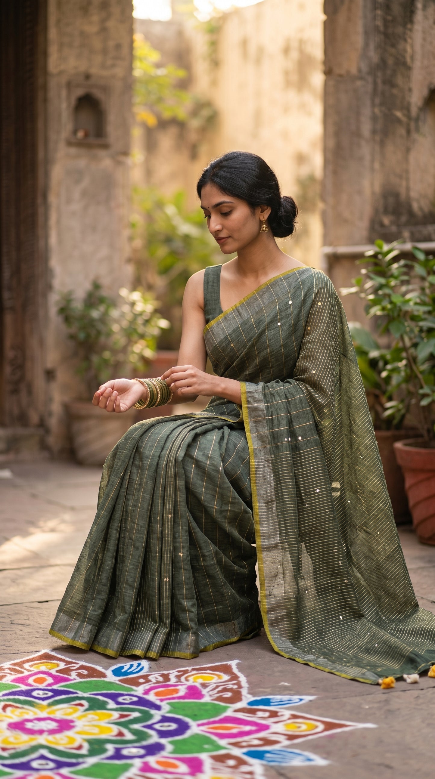 A model kneeling in a rustic stone courtyard beside a colorful rangoli, looking down to adjust her green glass bangles while beautifully displaying the drape of an olive green linen saree