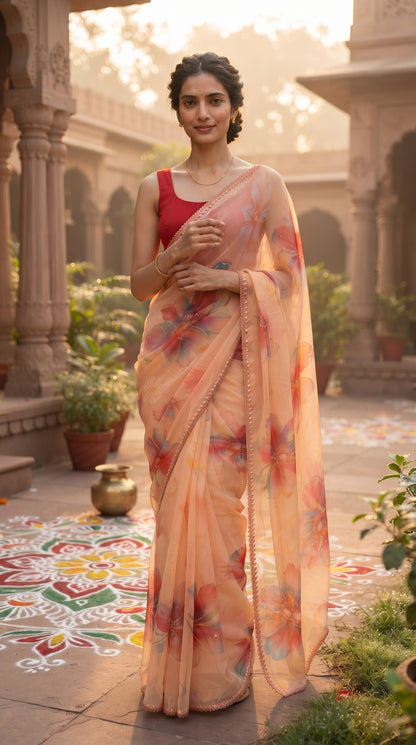 Peach Floral Chiffon Saree with Delicate Lace Border