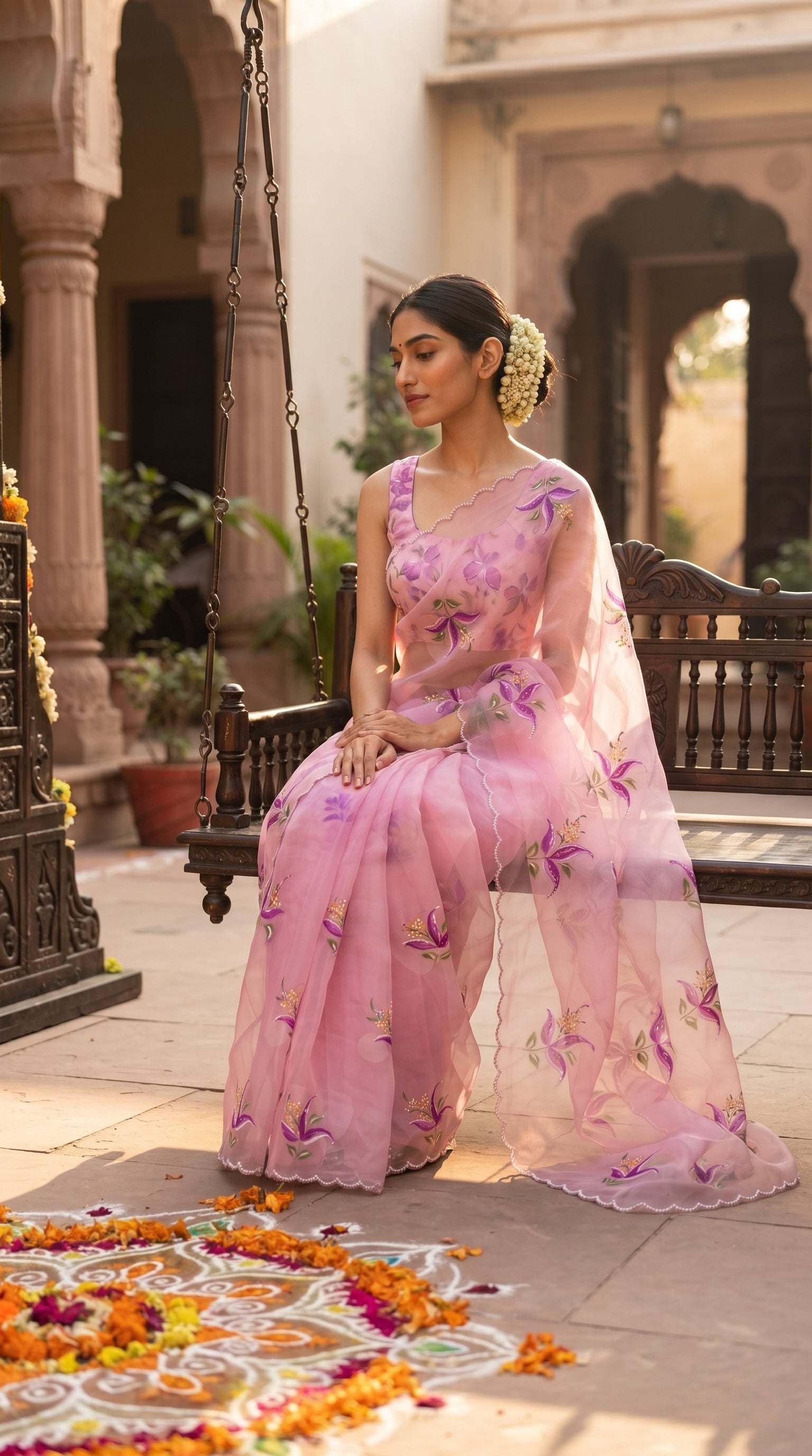 A woman sitting gracefully on a traditional dark wood swing in an open courtyard next to a bright floral marigold rangoli, showcasing the elegant translucent drape of her pink chiffon saree