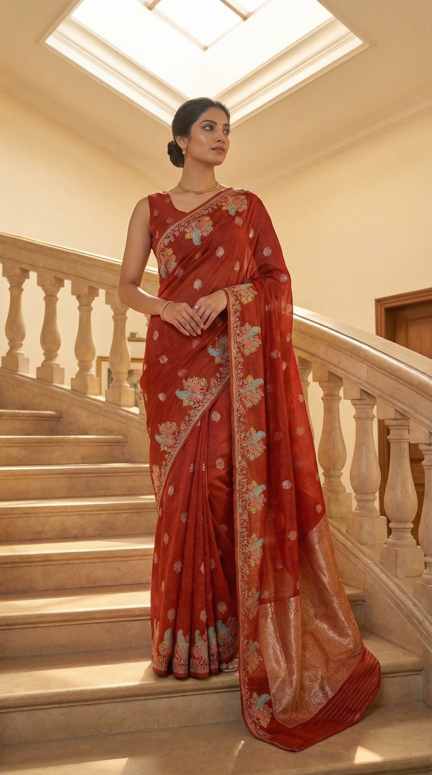 Silk Saree with Parrot Motifs and Zari Border - Orange