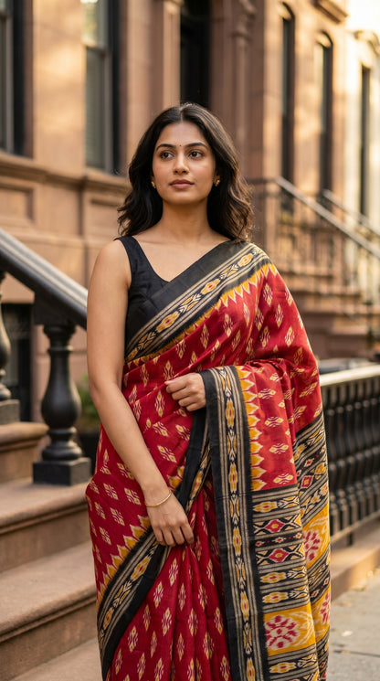Full-length image of a woman standing near brownstone stairs, showcasing the elegant pleats, structured fall, and bold black border of her red silk-blend Ikat saree