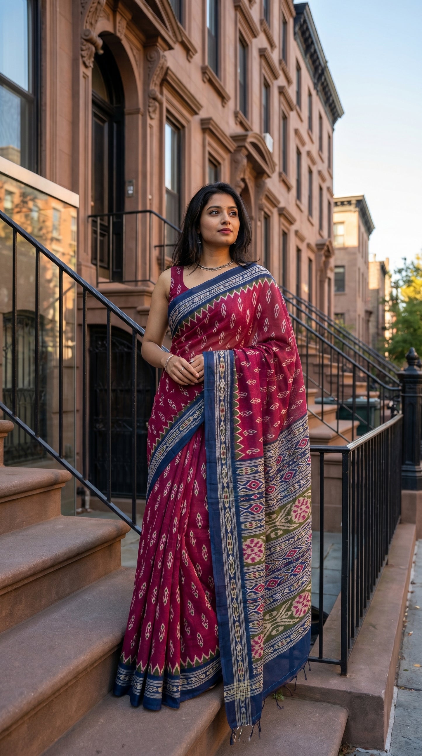 A model looking over her shoulder on a historic Parisian balcony with the Eiffel Tower in the background, showcasing the flowing deep blue pallu of a magenta Ikat-print silk saree