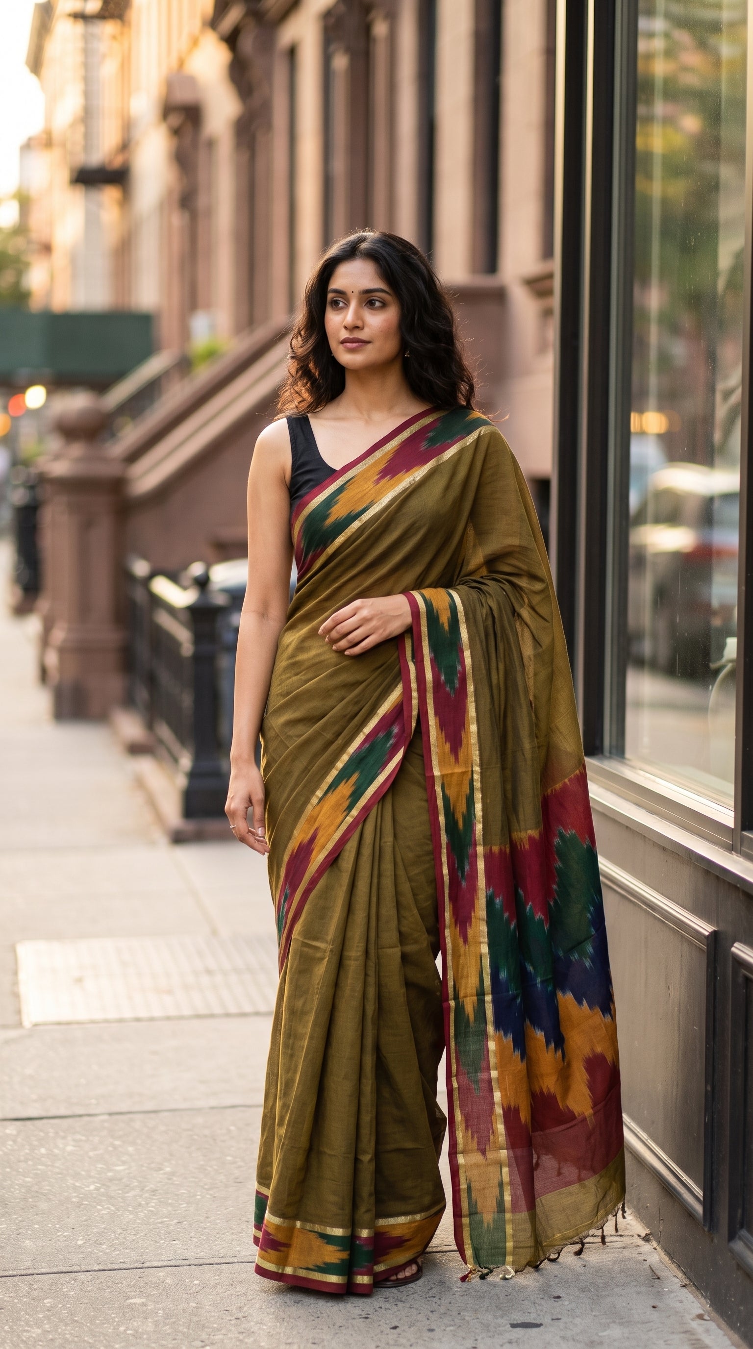 Woman wearing a Handloom Cotton Saree with Ikat Border – Mehndi Green saree with a colorful border on a city street.