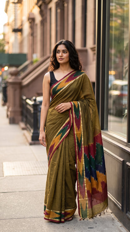 Woman wearing a Handloom Cotton Saree with Ikat Border – Mehndi Green saree with a colorful border on a city street.