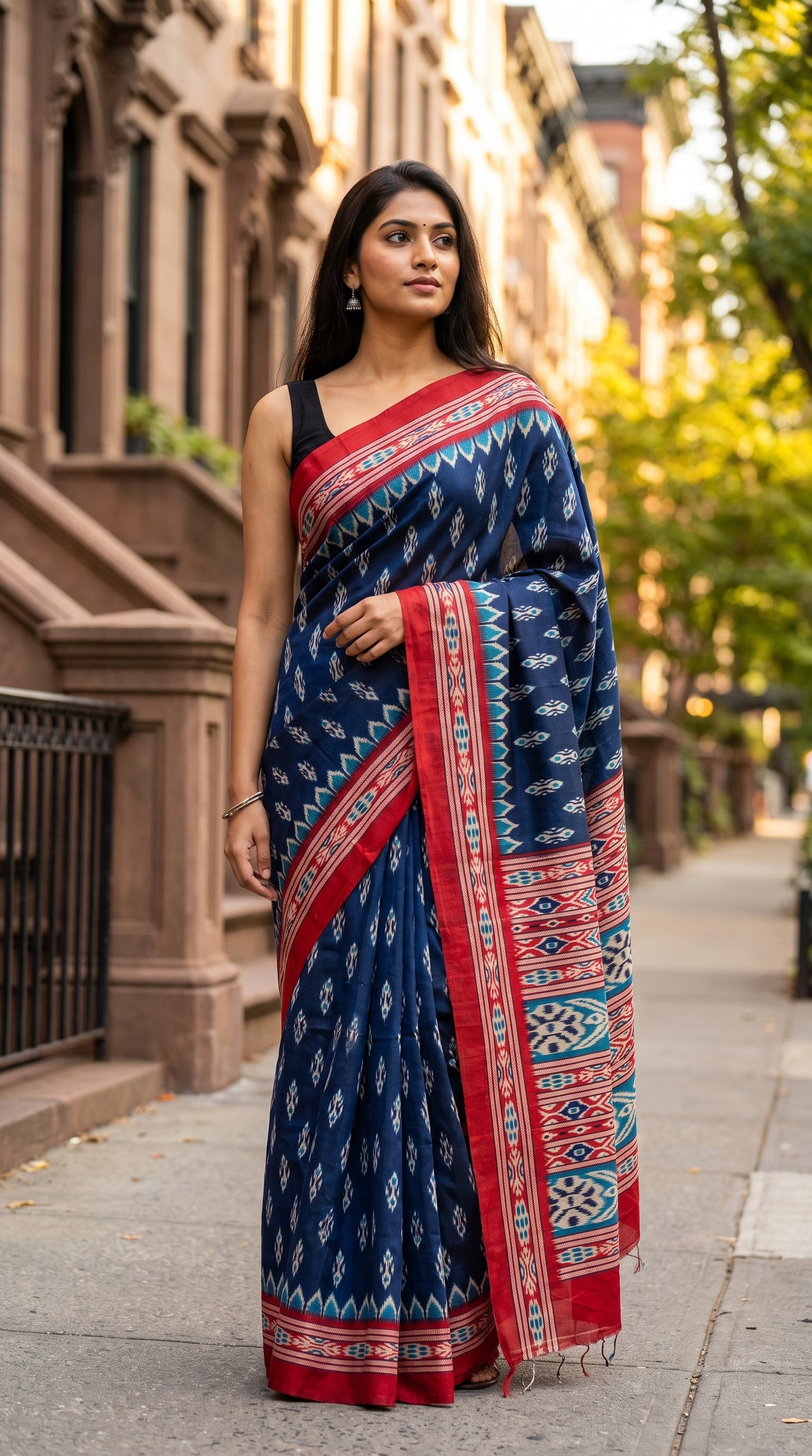 Full-length image of a woman standing on a city sidewalk, showcasing the crisp pleats and red geometric border of a navy blue Ikat-inspired blended silk saree