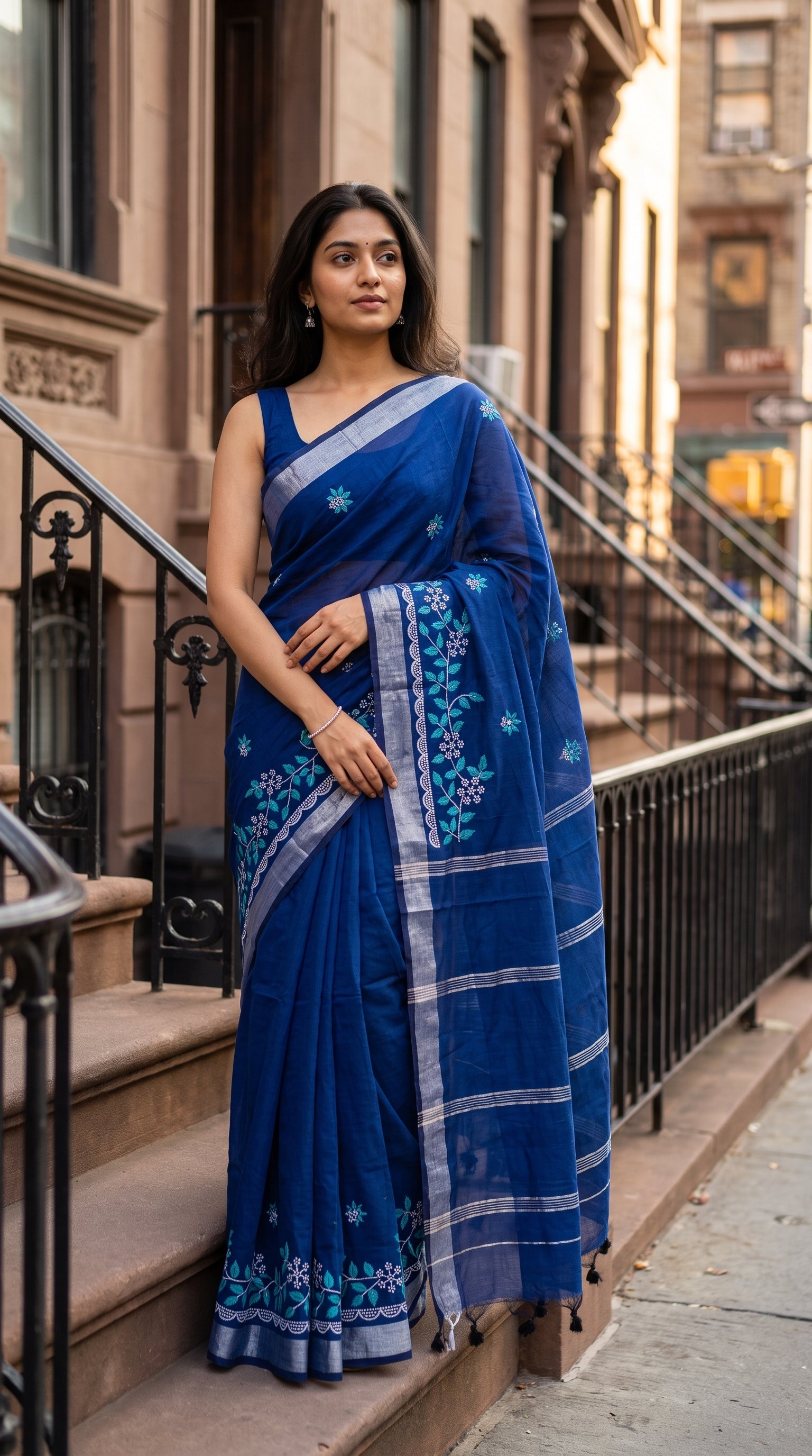 Full-length image of a woman posing on a brownstone sidewalk staircase, displaying the straight silhouette, tidy pleats, and white-and-blue trailing floral embroidery of her cotton linen saree