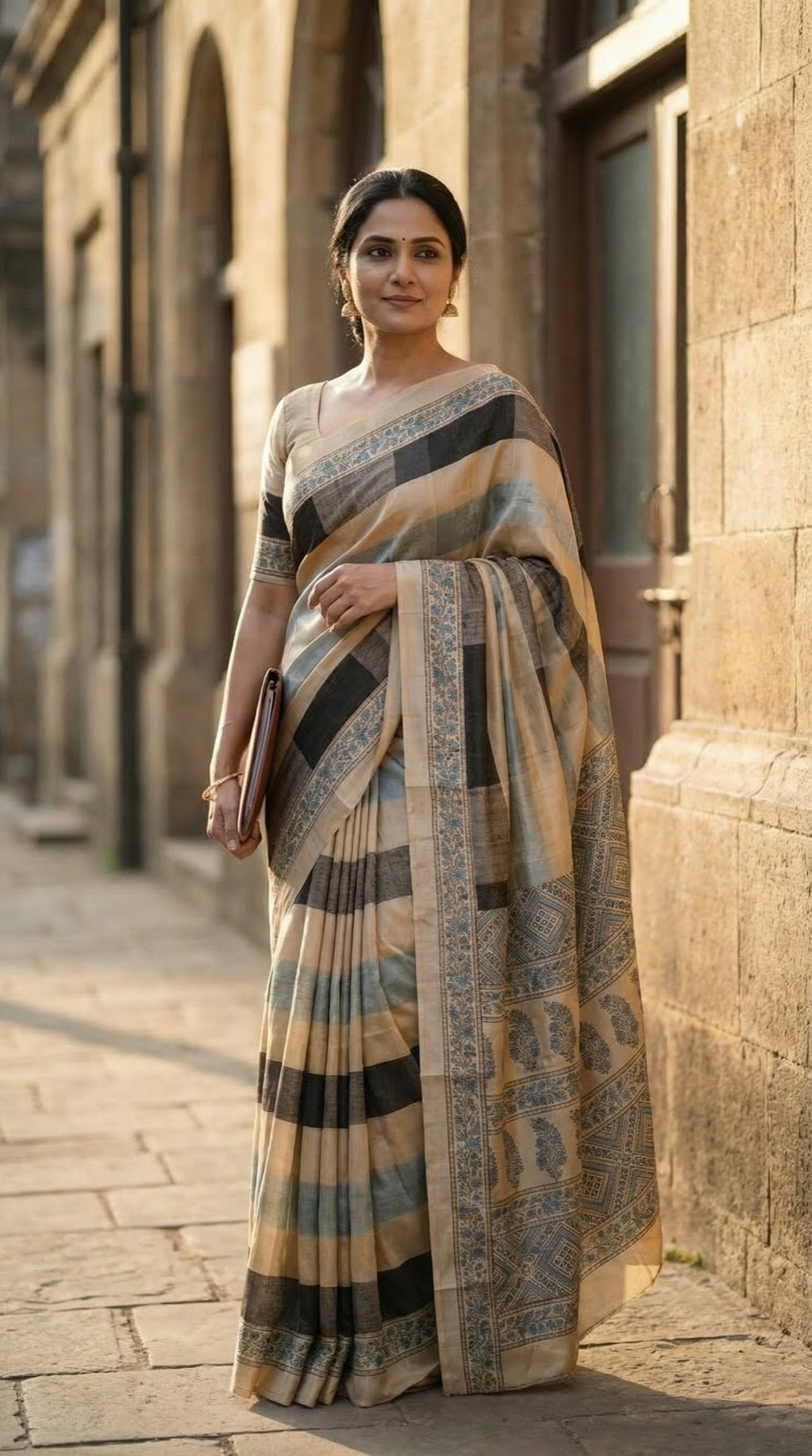 Woman in a Woman in a Ajrakh Modal Silk Saree – Beige, Black & Blue with Floral Border saree draped, standing against a stone building.
