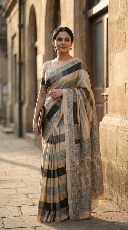 Woman in a Woman in a Ajrakh Modal Silk Saree – Beige, Black & Blue with Floral Border saree draped, standing against a stone building.