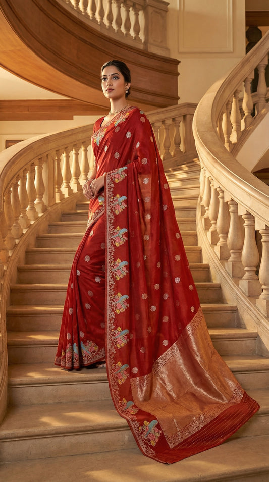 Silk Saree with Parrot Motifs and Zari Border - Orange