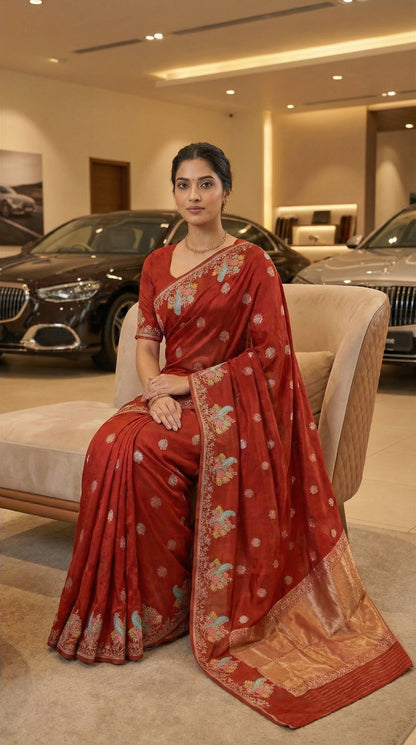 Silk Saree with Parrot Motifs and Zari Border - Orange