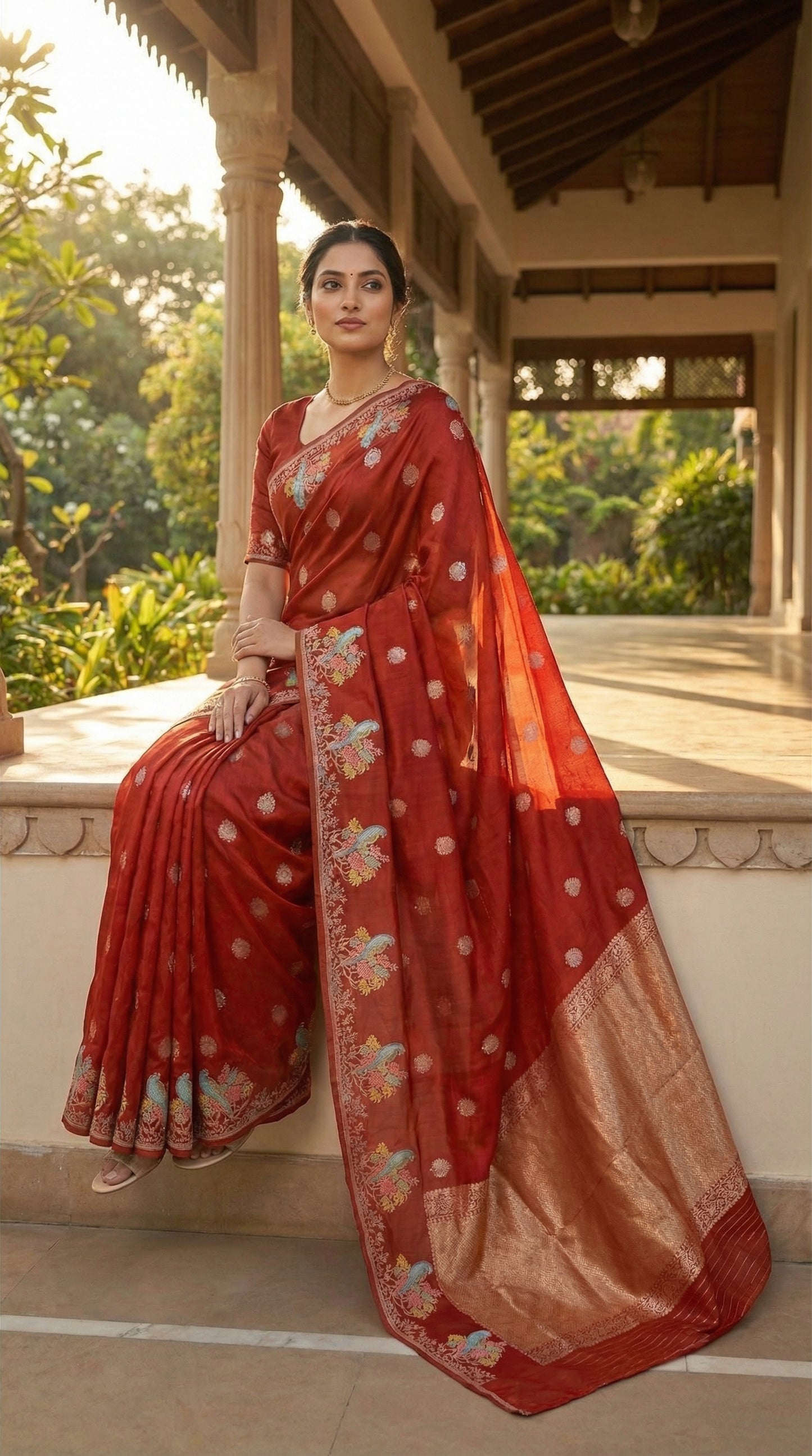 Silk Saree with Parrot Motifs and Zari Border - Orange